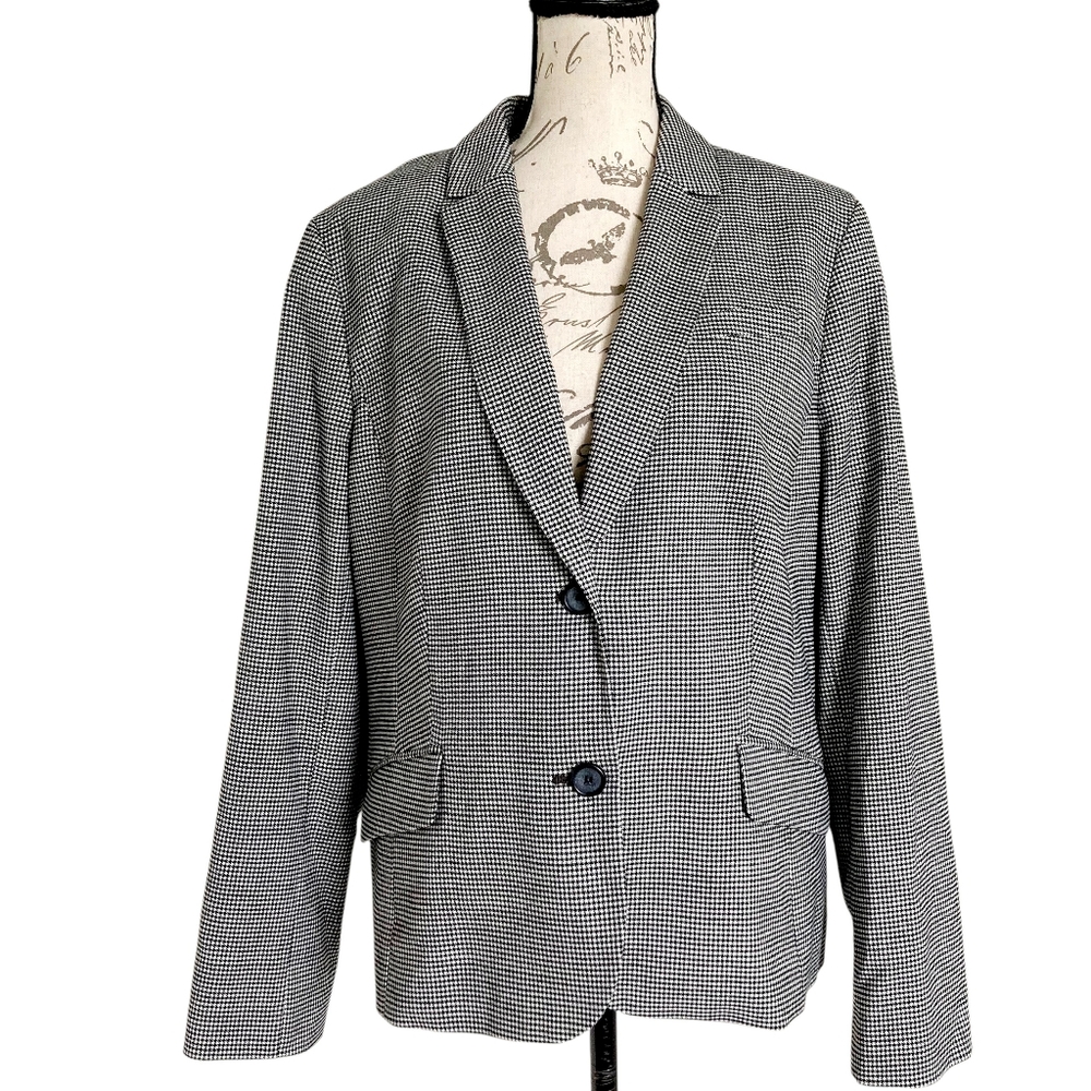 Talbots wool blend houndstooth Blazer Jacket size 16 Grey Classic Plaid office